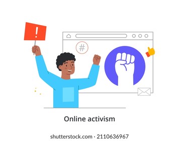 Online Activism Concept. Young Man With Flag In His Hands Supports Petitions On Social Networks And Defends His Rights. Stop Harassment, Racism And Violence. Cartoon Flat Vector Illustration