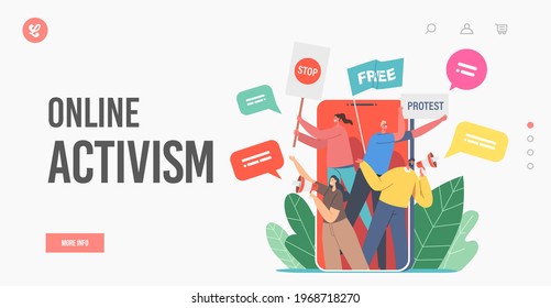 Online Activism, Digital Protest Landing Page Template. People on Huge Smartphone Screen Protesting with Placards on Strike or Demonstration, Characters with Banners. Cartoon Vector Illustration