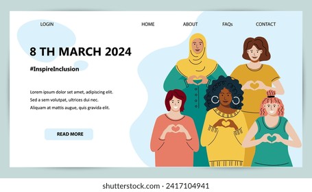Online Activism Landing Page Template. Inspire Inclusion is campaign theme of International Women's Day 2024. Female persons is showing sign of heart with their hands.
