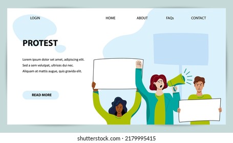 Online activism. Protesting persons with banners. Digital Protest Landing Page Template. Vector illustration.