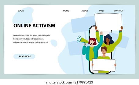 Online activism. Protesting persons with banners on smartphone screen. Digital Protest Landing Page Template. Vector illustration.