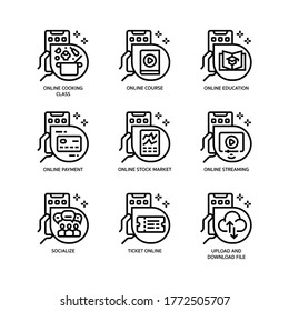 Online activities icons set outline style