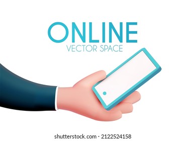 Actividad en línea. Caricatura 3D con brillante smartphone.