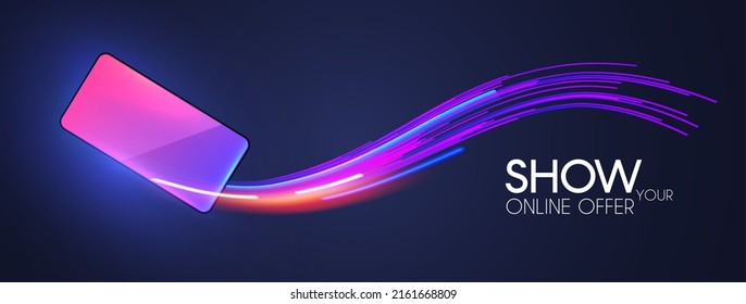 Online activity. Smartphone. Phone concept with shining screen and motion wave. Online shopping and connecting design