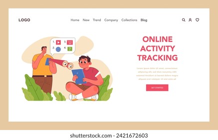 Online activity tracking concept. Mindful parent overseeing child digital engagement and media consumption. Proactive approach to online safety. Technologies aid in parenting. Flat vector illustration