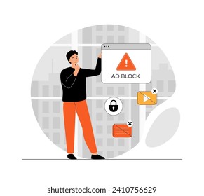 Concepto de bloqueador de anuncios en línea. Sin publicidad, protección contra spam, sin concepto de anuncios. Software Adblock del sitio web. Ilustración de la escena de personas en diseño plano para el desarrollo de sitios web y móviles