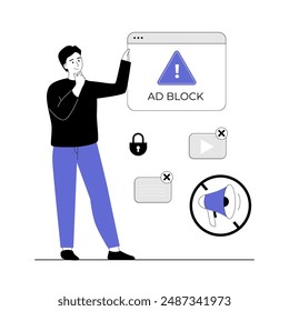 Online ad blocker concept. No advertising, anti spam protection, without ads concept. Website Adblock software. Vector illustration with line people for web design.	