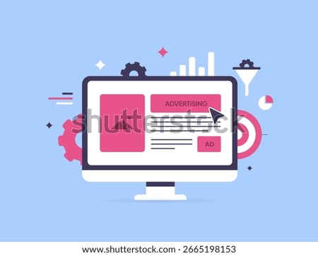 Online ad management concept showing computer monitor, advertising banners, charts and gears. Online ad management for digital marketing and media advertising strategy flat modern design illustration