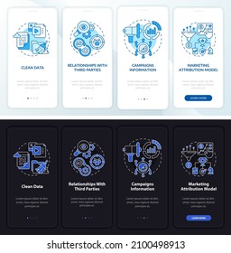 Online ad platform night and day mode onboarding mobile app screen. Promo walkthrough 4 steps graphic instructions pages with linear concepts. UI, UX, GUI template. Myriad Pro-Bold, Regular fonts used