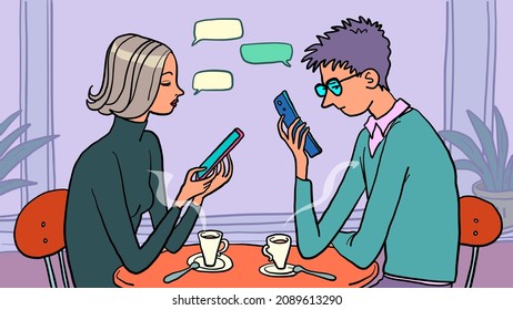 online addiction a man and a woman ignore each other and look into a smartphone, internet surfing