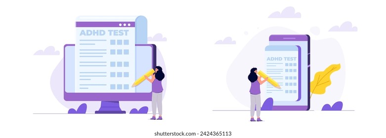 Online adhd, attention deficit hyperactivity disorder test. Vector illustrations for banner, website, landing page, flyer.