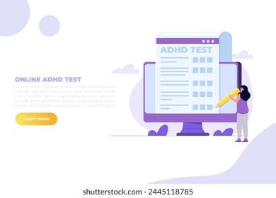 Online adhd, attention deficit hyperactivity disorder test. Vector illustrations for banner, website, landing page, flyer.