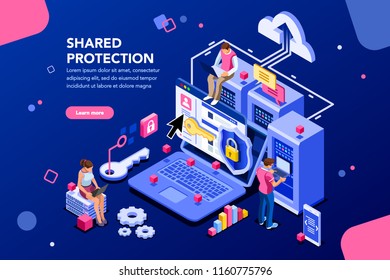 Online administrator, web hosting concept. Technician repair software. Hardware protection share infographic. Store safe server concept. Characters and text images, flat isometric vector illustration