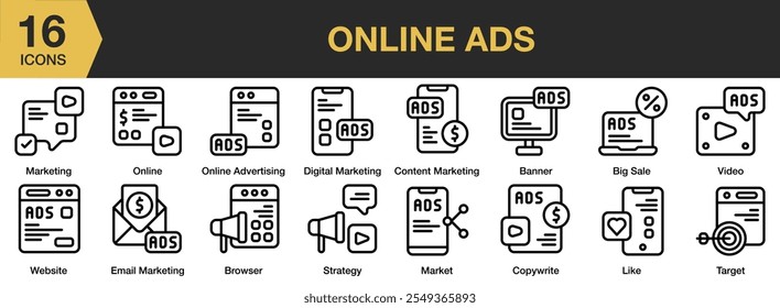 Conjunto de iconos de anuncios en línea. Incluye anuncios en línea, gran venta, marketing digital, Anuncio Video, como, copywrite, navegador, y más. Colección de Vector de iconos de contorno.