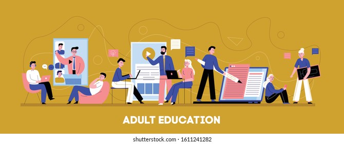 Online adult education flat horizontal background banner with individual audio video training level tempo coaching vector illustration 