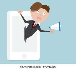 online advertisement with businessman holding megaphone from mobile smartphone, online business concept cartoon vector illustration