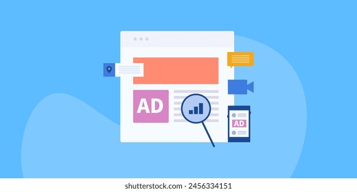 Online advertising analytics displaying report of advertising campaign, Ad campaign data analysis, Digital marketing technology - vector illustration with icons