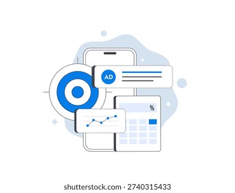 Online advertising campaign analytics dashboard, mobile ad banner and ppc performance metrics, digital marketing strategy report, online ads modern flat business infographic UI, vector illustration