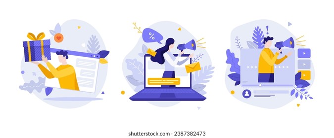 Online advertising campaign flat concept vector illustrations set. SEO marketing tools for business cartoon composition. Engage customers with internet promotion idea for website, presentation