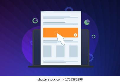 Online Advertising campaign flat vector icon concept. A laptop display with internet web page and large ad banner and mouse cursor icon that clicks on it. Online advertising marketing technology