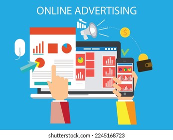 Online advertising Concept Art In Bright Colors Info graphic Style With Text. megaphone ads launched money spent coin and wallet. Vector Illustration