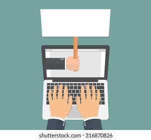 Online advertising concept. Hands on laptop keyboard. Hand holding signboard on laptop display.