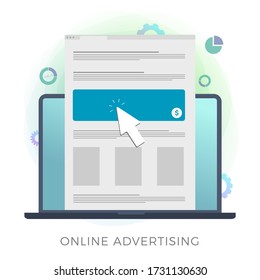 Concepto de icono de vector plano de publicidad en línea. Una pantalla de ordenador portátil con página web de Internet y un gran cartel y un icono del cursor del ratón que hace clic en él, aislado en fondo blanco. Tecnología de marketing de anuncios.