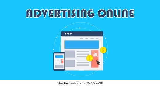Online Advertising, Internet, Digital Marketing, Paid Media Flat Vector Concept With Icons Isolated On Blue Background