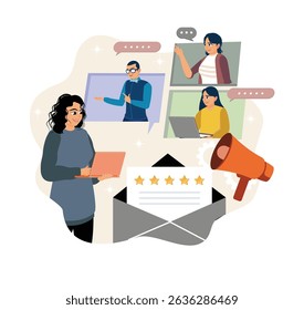 Online advertising launch campaign. Businesswoman communicates with customers who provide feedback and ratings.