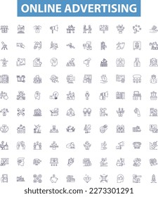 Online advertising line icons, signs set. Digital, Ads, Internet, Promotions, Marketing, Optimization, Placement, Branding, Retargeting outline vector illustrations.