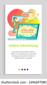 Online advertising, man using device opening laptop screen of social network, round icons like, play and message, internet communication vector. Website or app slider template, landing page flat style