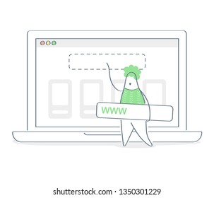 Online advertising, online marketing, media promotion, link building. Cartoon man placing a banner on the website. Hosting, site creation, domain setup. Flat outline vector on white background.