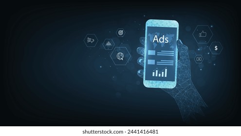 Publicidad en línea en concepto de dispositivo móvil. Análisis de estrategia de marketing digital para la promoción de productos o servicios a través de canales digitales sobre un fondo azul oscuro.	