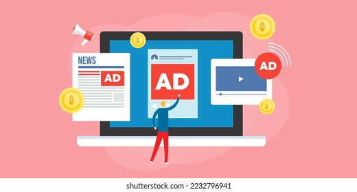 Online advertising on news media, Digital advertising, People click online banner ads concept - flat vector illustration background