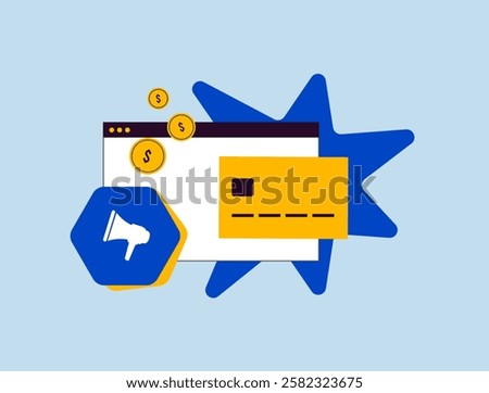 Online advertising payments analysis - digital marketing expenses and online ad budget management. Payment transactions, media buying and financial investment in paid promotions. Vector illustration