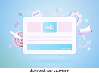 Online Advertising - Programmatic and Native advertising marketing ads strategy concept. Digital advertising media banner block on website, media promotion. Vector 3d illustration