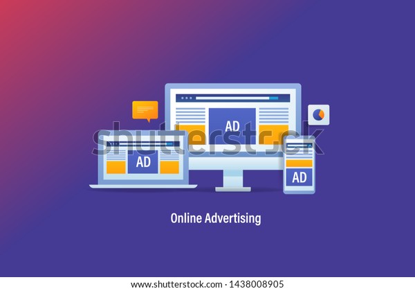 Online advertising, Responsive ads,\
Website advertising conceptual vector banner with\
icons