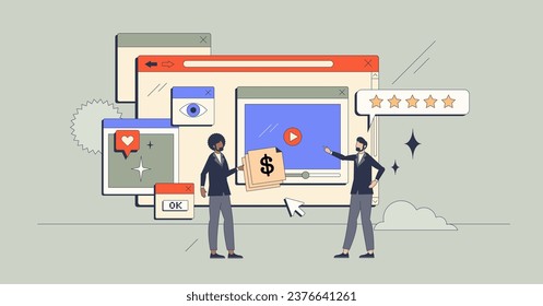 Online advertising and social media ads promotion retro tiny person concept. Internet marketing campaign with payed product and website content targeting for focused audience vector illustration.