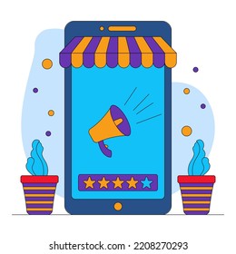Online Advertising And Star Rating From E-Shop In Smartphone Screen With Plant Pot Against Background.