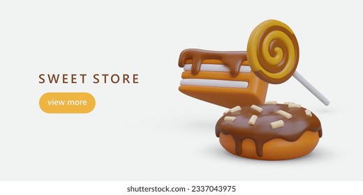 Online advertising of sweet shop. Horizontal signboard concept in cartoon style. Cakes, bagels and candies. Cute template with realistic sweets. Yellow and brown color