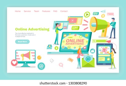 Online advertising vector, pages with information. Website or webpage template, landing page flat style, computer monitor. People with megaphone broadcast