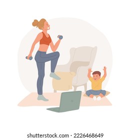 Online aerobics isolated cartoon vector illustration. Young mom doing online exercises and taking care of baby, modern motherhood, family life, physical activity at home vector cartoon.