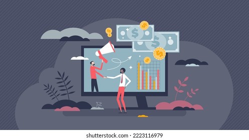 Online Affiliate Marketing Or Digital Content Advertising Tiny Person Concept. Web Ads Strategy With Influencers And Bloggers Partnership Vector Illustration. Earn Commission From Social Media Shares.