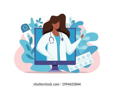 Online African American doctor medical consultation vector illustration. Cartoon flat smartphone with therapist character videocalling on the screen. Online medical advice consultation service concept