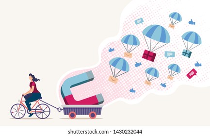 Online Aggregation, Magnetic Marketing Service Flat Vector Concept. Woman Riding Bicycle, Pulling Trailer with Magnet, Collecting Online Messages, Comments, Reactions in Social Networks Illustration