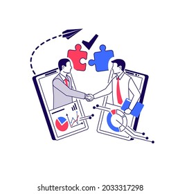 Online Agreement. Business partnership concept. Two businessmen in handshake. B2B solution. Professional marketing. Vector illustration flat design on background. Modern technologies for solutions.