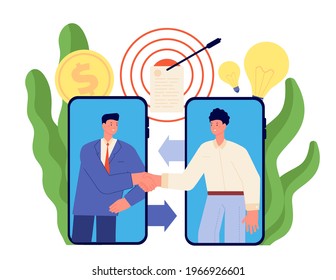 Online agreement. Cartoon business partners, handshake technological communication. Web deal collaboration, relationship utter vector concept