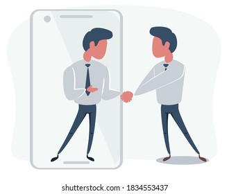 Antecedentes del concepto de acuerdo en línea. Un apretón de manos tras negociaciones exitosas. Empresarios en la pantalla de smartphones. Caracteres masculinos y elementos a la moda. Ilustración del vector