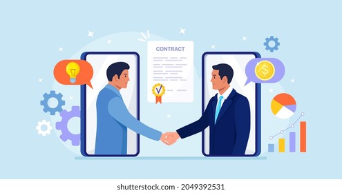 Online agreement, conclusion of the transaction. Two men talk through phone screens, shake hands. Businessman handshaking on smartphone. Business partnership. Handshake after successful negotiations