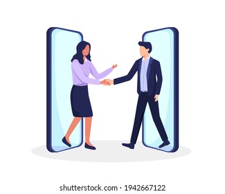 Online agreement or contract concept. Businessman and businesswoman shaking hands after successful negotiations. Business people walking out smartphones screens, Distant meeting. Vector in flat style